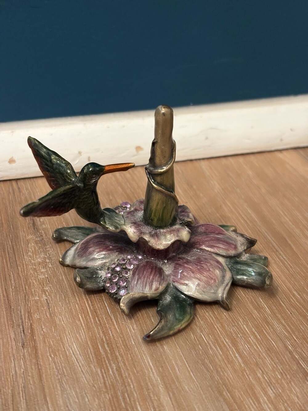 Vintage Rhinestone Hummingbird Floral Ring Holder